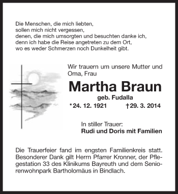 Anzeige von Martha Braun von Nordbayerischer Kurier