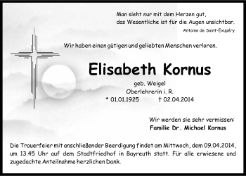 Anzeige von Elisabeth Kornus von Nordbayerischer Kurier