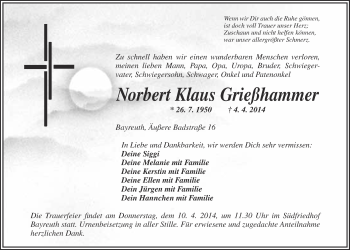 Anzeige von Norbert Klaus Grießhammer von Nordbayerischer Kurier