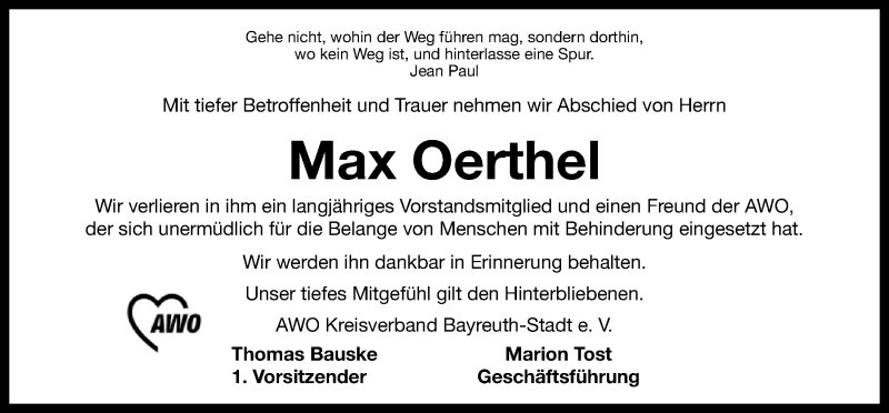  Traueranzeige für Max Oerthel vom 09.04.2014 aus Nordbayerischer Kurier