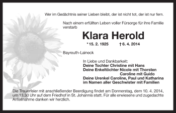 Anzeige von Klara Herold von Nordbayerischer Kurier
