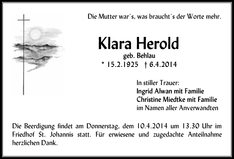  Traueranzeige für Klara Herold vom 08.04.2014 aus Nordbayerischer Kurier