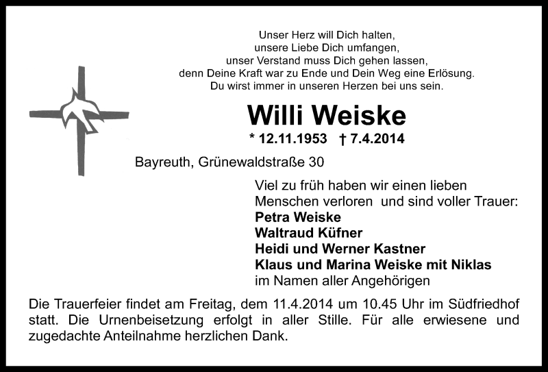  Traueranzeige für Willi Weiske vom 09.04.2014 aus Nordbayerischer Kurier