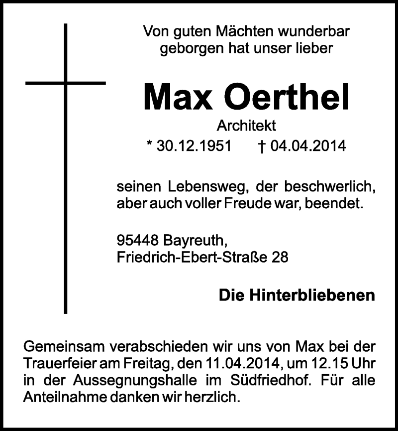 Traueranzeige für Max Oerthel vom 09.04.2014 aus Nordbayerischer Kurier