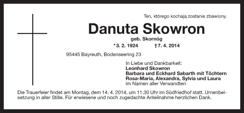  Traueranzeige für Danuta Skowron vom 10.04.2014 aus Nordbayerischer Kurier