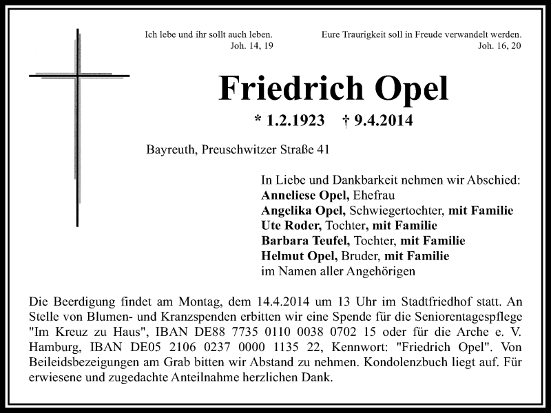  Traueranzeige für Friedrich Opel vom 11.04.2014 aus Nordbayerischer Kurier