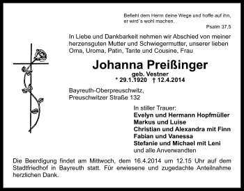 Anzeige von Johanna Preißinger von Nordbayerischer Kurier