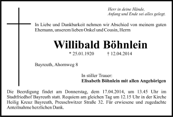 Anzeige von Willibald Böhnlein von Nordbayerischer Kurier