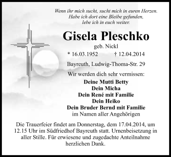 Anzeige von Gisela Pleschko von Nordbayerischer Kurier