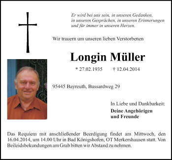 Anzeige von Longin Müller von Nordbayerischer Kurier