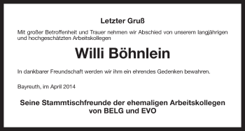 Anzeige von Willibald Böhnlein von Nordbayerischer Kurier