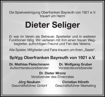 Anzeige von Dieter Seliger von Nordbayerischer Kurier