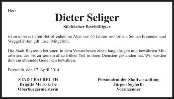 Anzeige von Dieter Seliger von Nordbayerischer Kurier