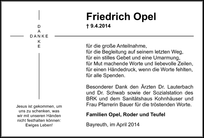  Traueranzeige für Friedrich Opel vom 19.04.2014 aus Nordbayerischer Kurier