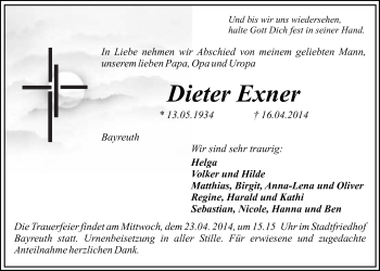 Anzeige von Dieter Exner von Nordbayerischer Kurier