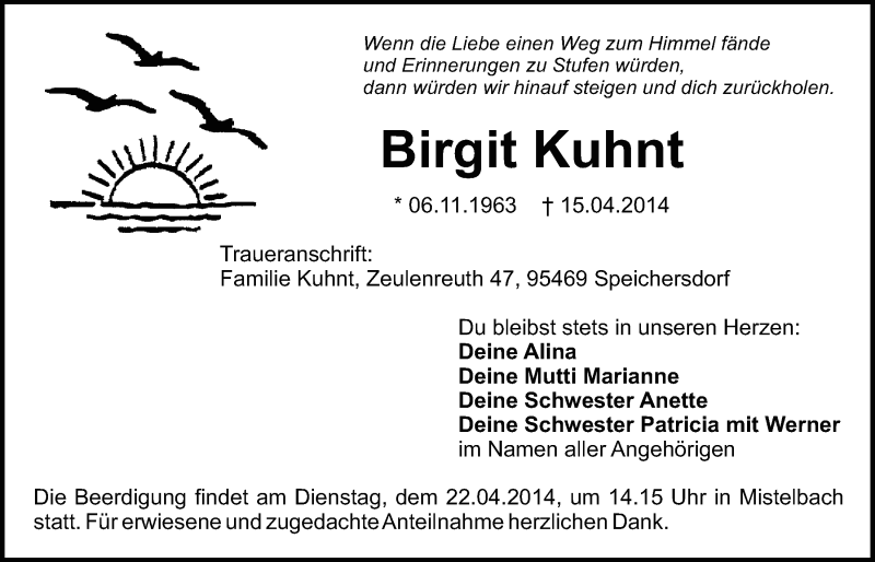  Traueranzeige für Birgit Kuhnt vom 19.04.2014 aus Nordbayerischer Kurier