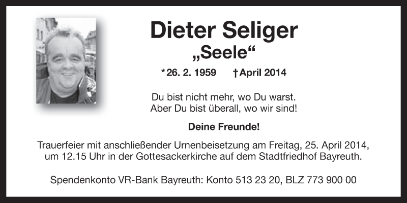  Traueranzeige für Dieter Seliger vom 19.04.2014 aus Nordbayerischer Kurier