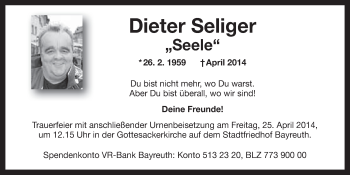 Anzeige von Dieter Seliger von Nordbayerischer Kurier