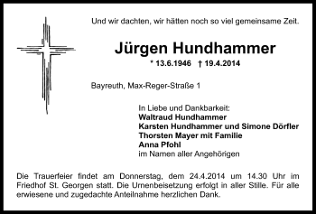 Anzeige von Jürgen Hundhammer von Nordbayerischer Kurier