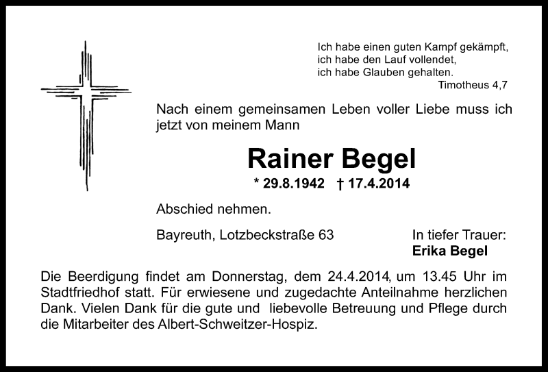  Traueranzeige für Rainer Begel vom 23.04.2014 aus Nordbayerischer Kurier
