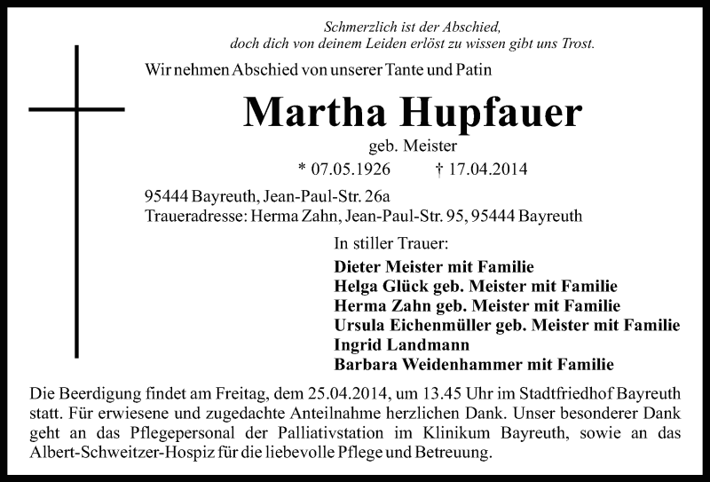 Traueranzeige für Martha Hupfauer vom 23.04.2014 aus Nordbayerischer Kurier