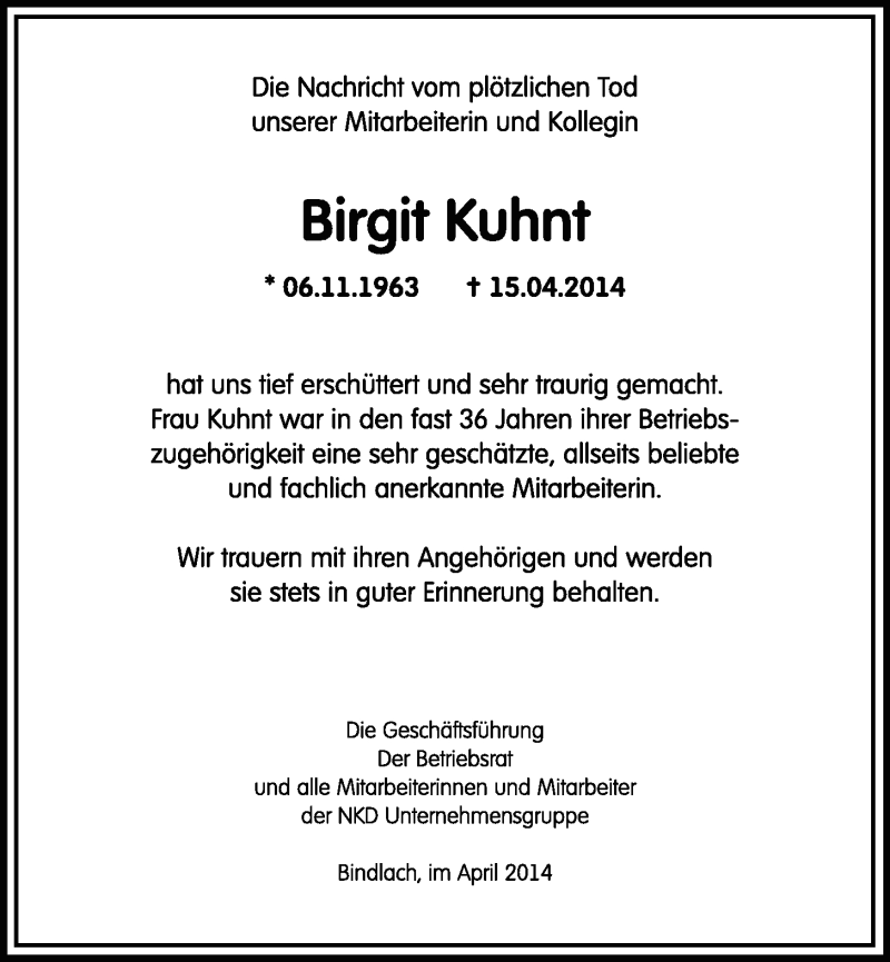  Traueranzeige für Birgit Kuhnt vom 25.04.2014 aus Nordbayerischer Kurier