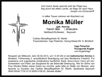 Anzeige von Monika Müller von Nordbayerischer Kurier