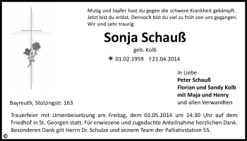 Anzeige von Sonja Schauß von Nordbayerischer Kurier