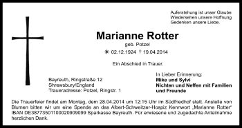 Anzeige von Marianne Rotter von Nordbayerischer Kurier