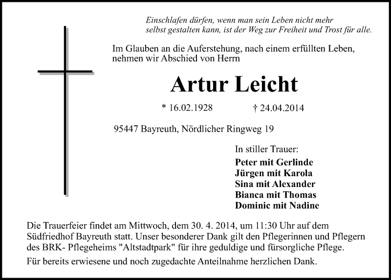  Traueranzeige für Artur Leicht vom 28.04.2014 aus Nordbayerischer Kurier