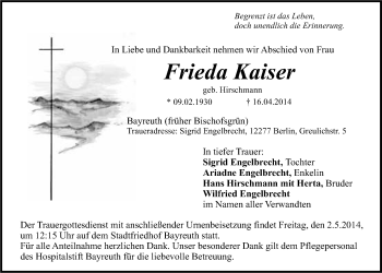 Anzeige von Frieda Kaiser von Nordbayerischer Kurier