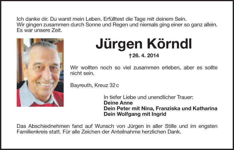  Traueranzeige für Jürgen Körndl vom 29.04.2014 aus Nordbayerischer Kurier