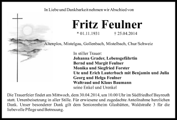 Anzeige von Fritz Feulner von Nordbayerischer Kurier