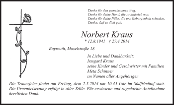 Anzeige von Norbert Kraus von Nordbayerischer Kurier