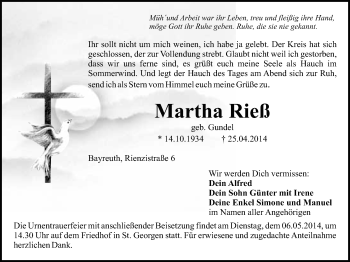 Anzeige von Martha Rieß von Nordbayerischer Kurier