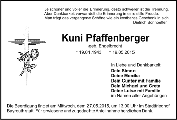 Anzeige von Kuni Pfaffenberger von Nordbayerischer Kurier