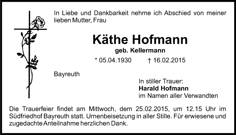  Traueranzeige für Käthe Hofmann vom 21.02.2015 aus Nordbayerischer Kurier