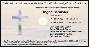 Anzeige von Ingrid Schuster von Nordbayerischer Kurier