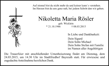 Anzeige von Nikoletta Maria Rösler von Nordbayerischer Kurier