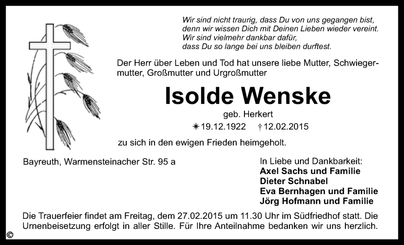  Traueranzeige für Isolde Wenske vom 21.02.2015 aus Nordbayerischer Kurier