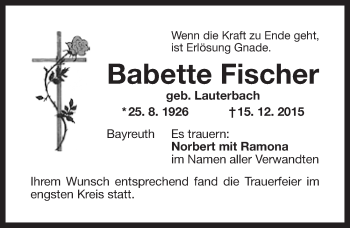 Anzeige von Babette Fischer von Nordbayerischer Kurier