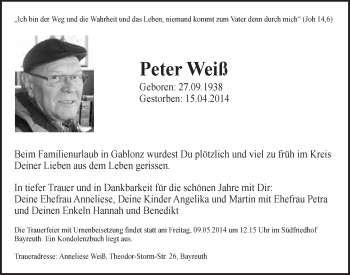 Anzeige von Peter Weiß von Nordbayerischer Kurier