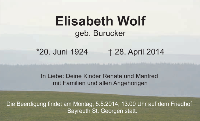  Traueranzeige für Elisabeth Wolf vom 03.05.2014 aus Nordbayerischer Kurier