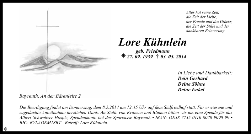  Traueranzeige für Lore Kühnlein vom 06.05.2014 aus Nordbayerischer Kurier