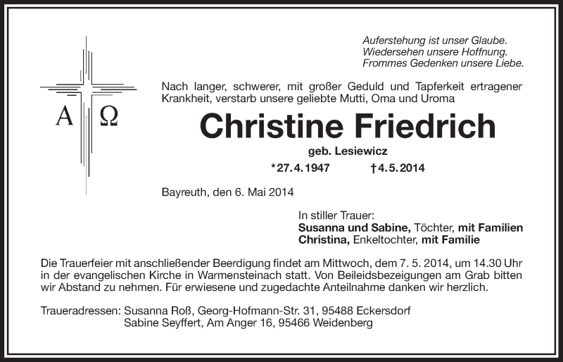  Traueranzeige für Christine Friedrich vom 06.05.2014 aus Nordbayerischer Kurier