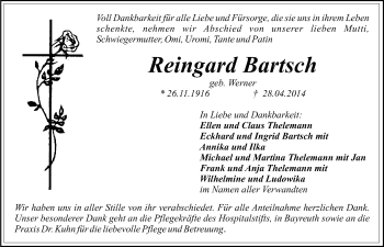 Anzeige von Reingard Bartsch von Nordbayerischer Kurier