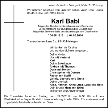 Anzeige von Karl Babl von Nordbayerischer Kurier