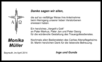 Anzeige von Monika Müller von Nordbayerischer Kurier