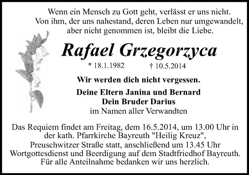  Traueranzeige für Rafael Grzegorzyca vom 14.05.2014 aus Nordbayerischer Kurier