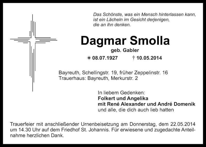  Traueranzeige für Dagmar Smolla vom 19.05.2014 aus Nordbayerischer Kurier